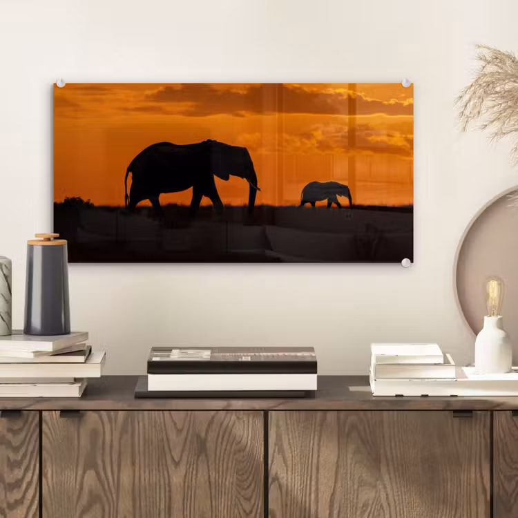 Glas schilderij - Olifanten - Savanne - Zonsondergang — 2