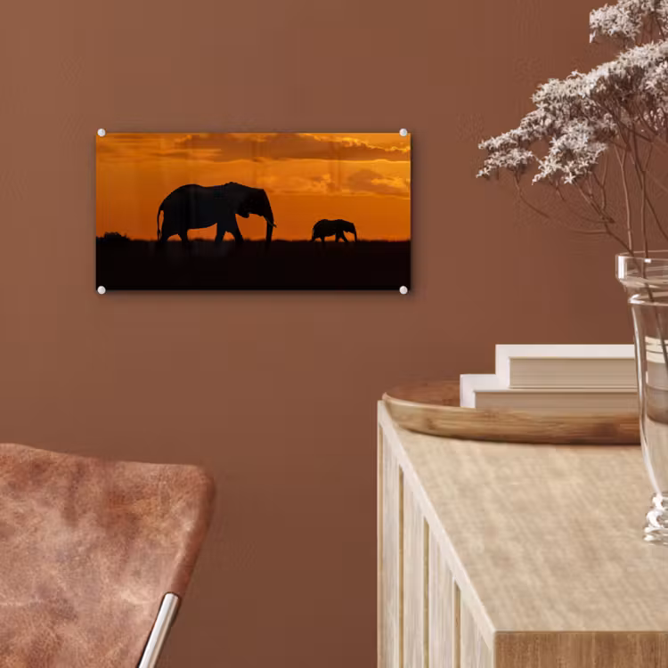 Glas schilderij - Olifanten - Savanne - Zonsondergang — 6