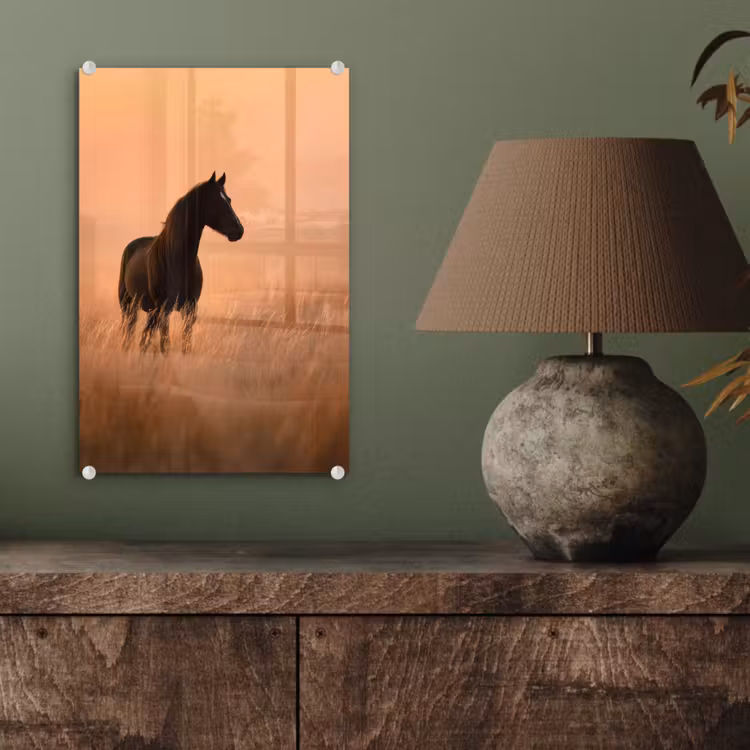 Glas schilderij - Paard - Grasveld - Zonsondergang — 4
