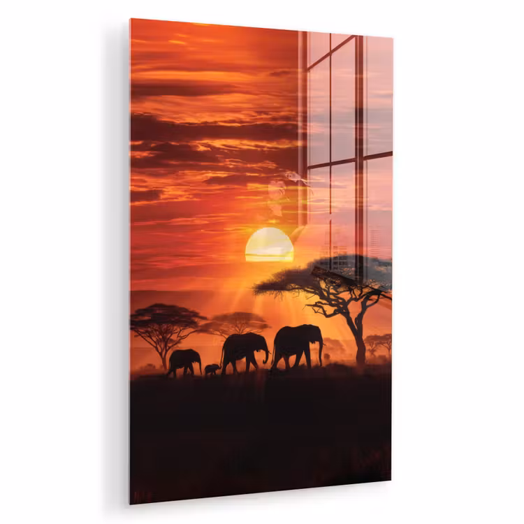 Glas schilderij - Savanne - Olifanten - Zonsondergang — 1