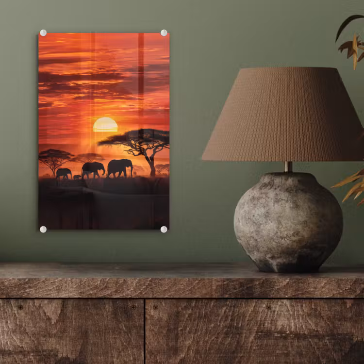 Glas schilderij - Savanne - Olifanten - Zonsondergang — 4