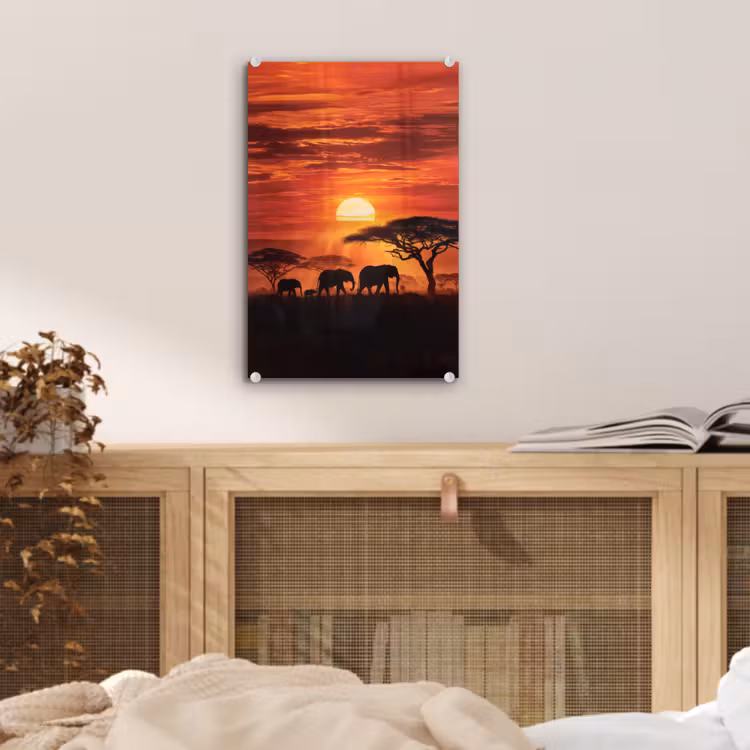 Glas schilderij - Savanne - Olifanten - Zonsondergang — 5