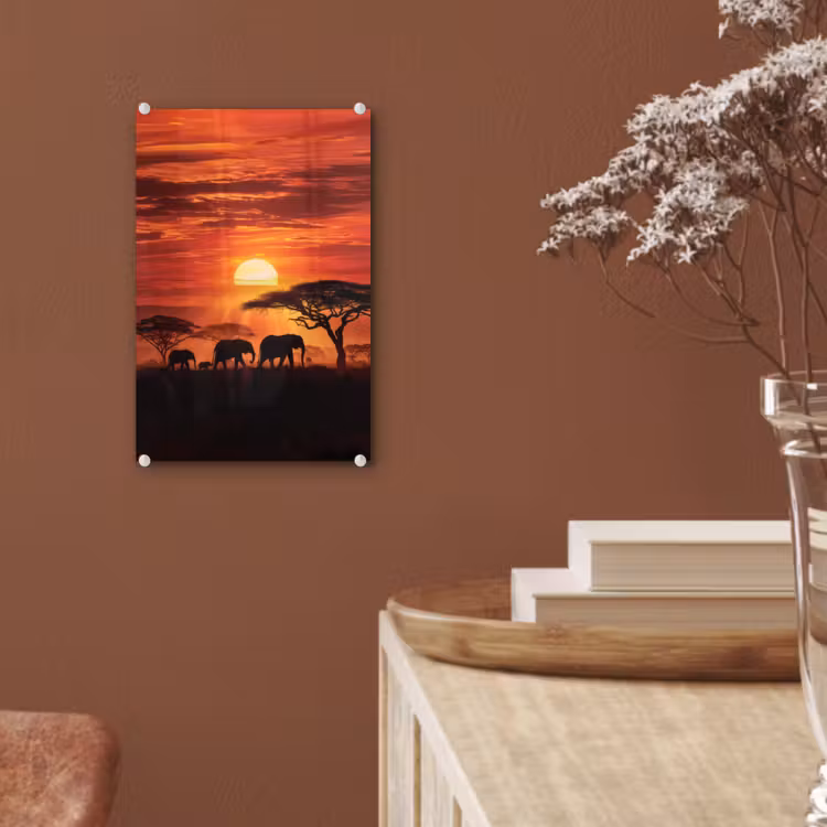 Glas schilderij - Savanne - Olifanten - Zonsondergang — 6