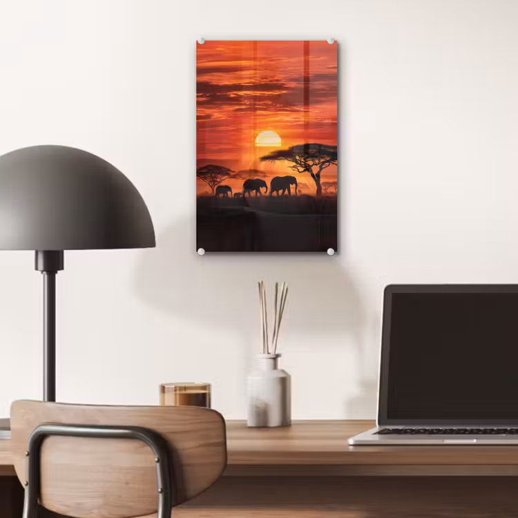 Glas schilderij - Savanne - Olifanten - Zonsondergang — 7