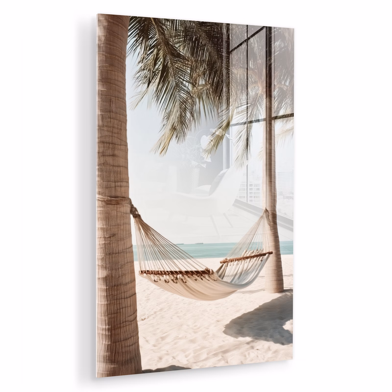 Glas schilderij - Hangmat - Palmbomen - Strand - Zee — 1