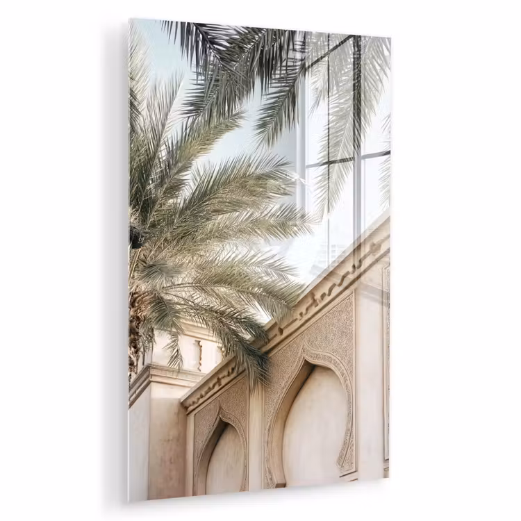 Glas schilderij - Gebouw - Palmbomen - Beige - Zon — 1