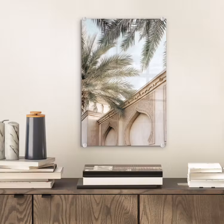 Glas schilderij - Gebouw - Palmbomen - Beige - Zon — 2
