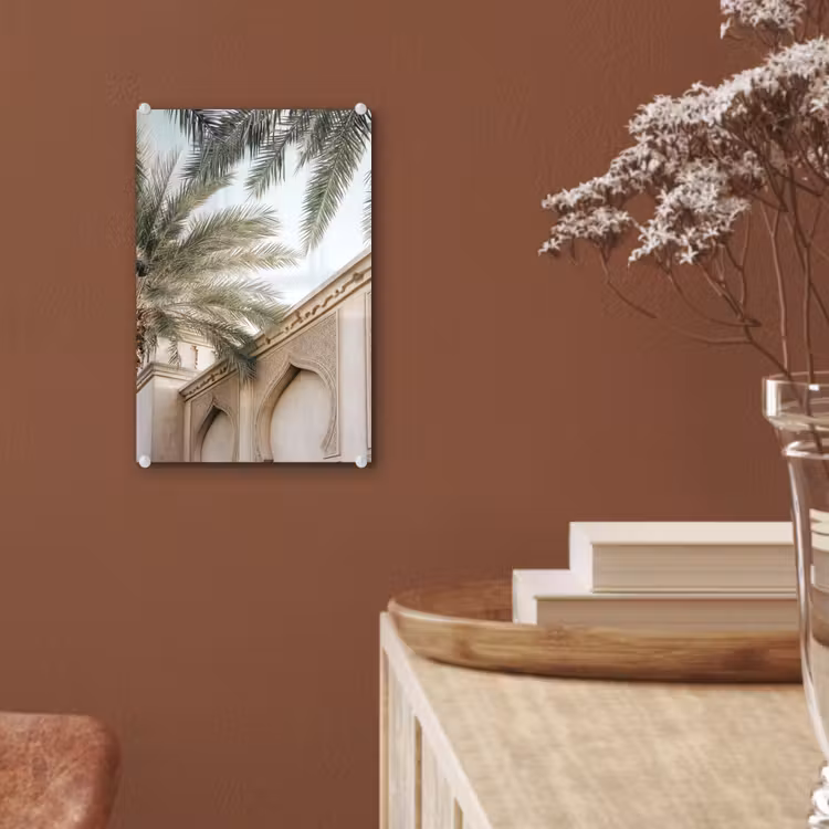 Glas schilderij - Gebouw - Palmbomen - Beige - Zon — 6