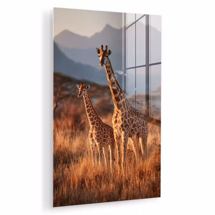 Glas schilderij - Giraffen - Hoog gras - Acaciabomen — 1