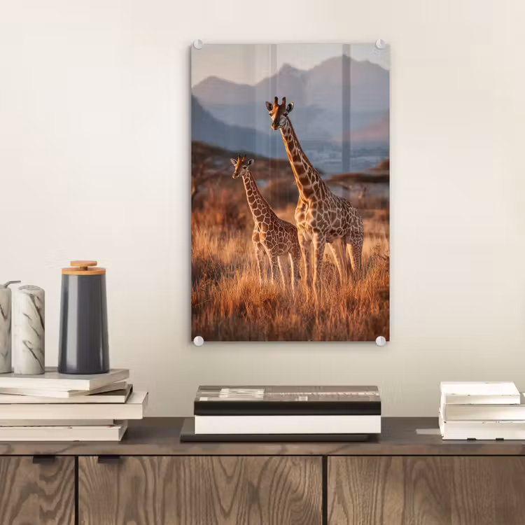 Glas schilderij - Giraffen - Hoog gras - Acaciabomen — 2