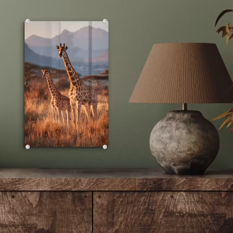 Glas schilderij - Giraffen - Hoog gras - Acaciabomen — 4