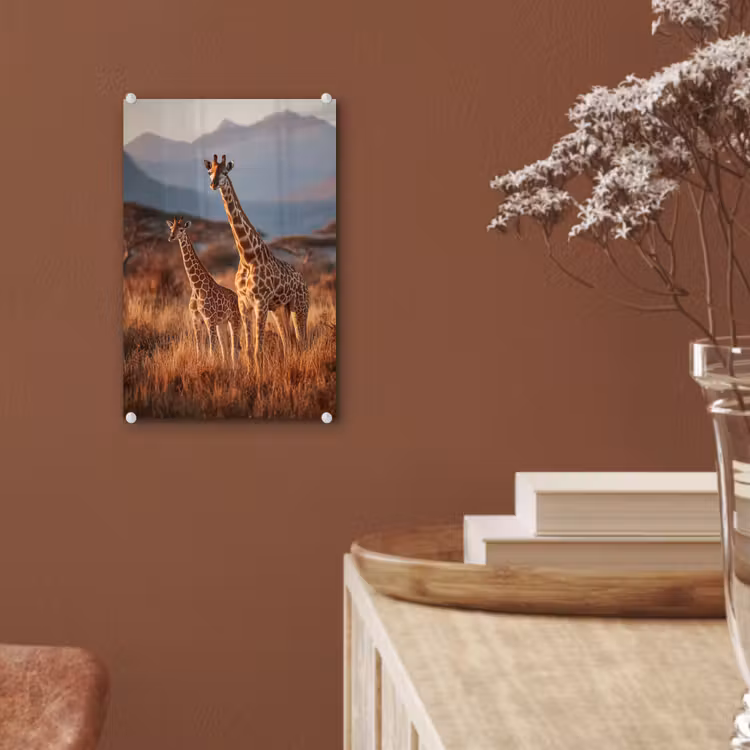 Glas schilderij - Giraffen - Hoog gras - Acaciabomen — 6