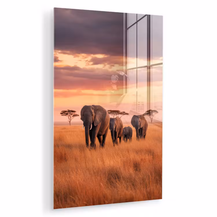 Glas schilderij - Groep olifanten - Open vlakte - Zon — 1