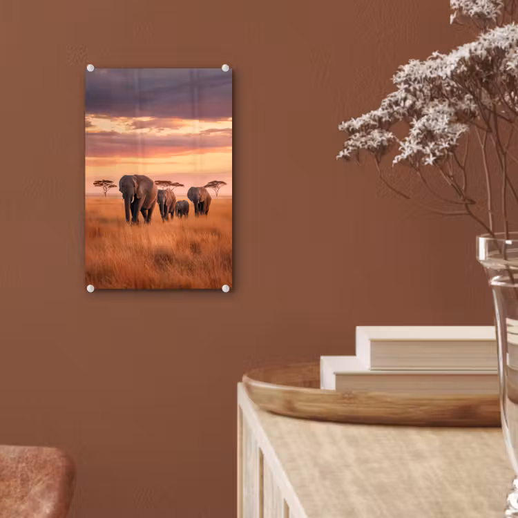 Glas schilderij - Groep olifanten - Open vlakte - Zon — 6