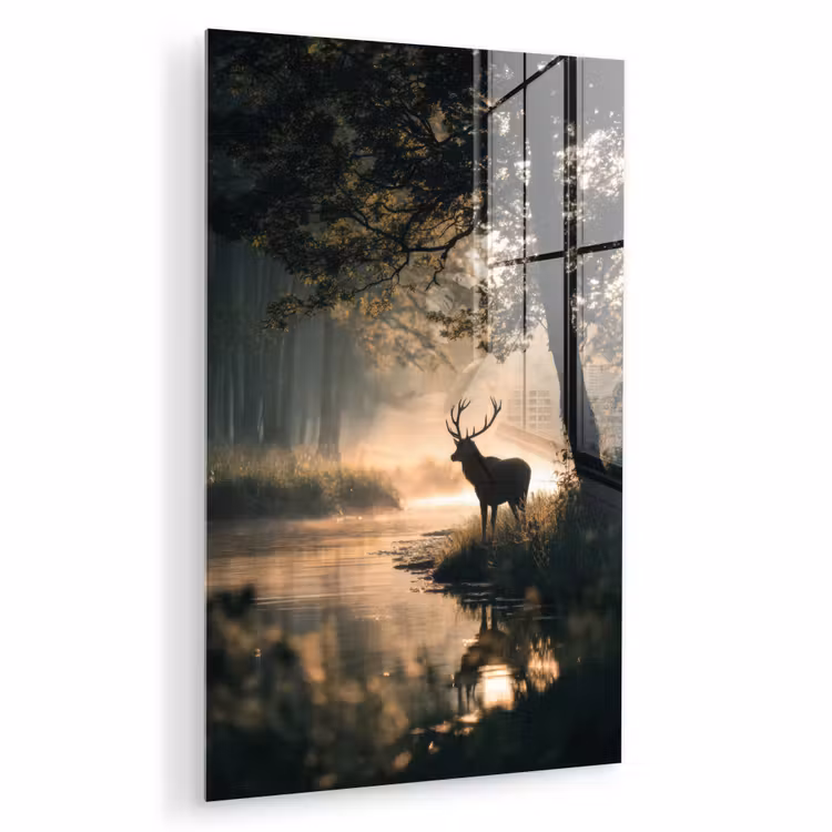 Glas schilderij - Hert - Bosbeek - Mystiek — 1