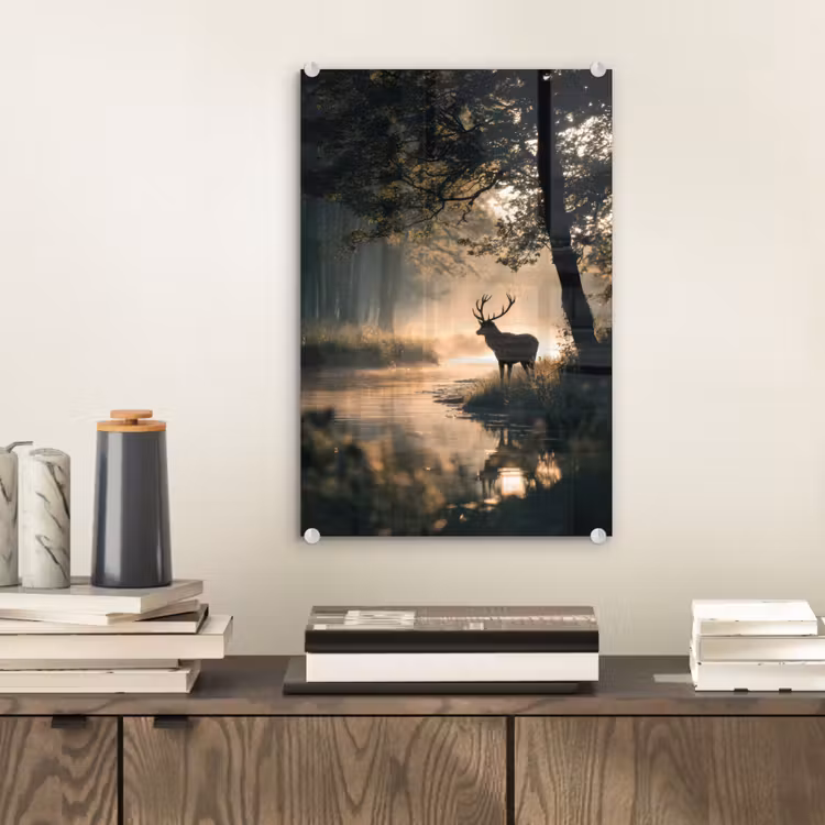Glas schilderij - Hert - Bosbeek - Mystiek — 2