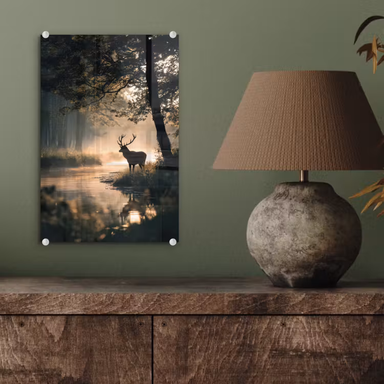 Glas schilderij - Hert - Bosbeek - Mystiek — 4