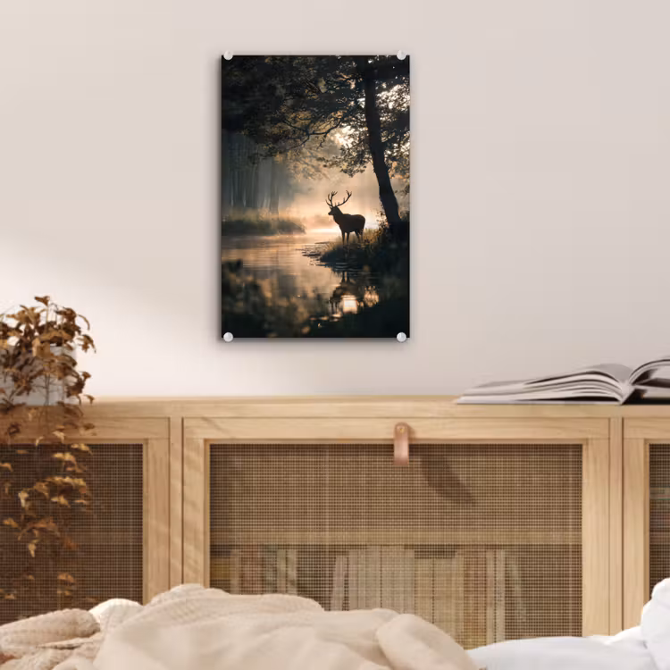 Glas schilderij - Hert - Bosbeek - Mystiek — 5
