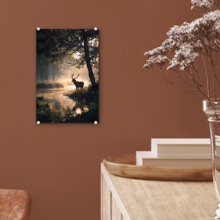 Glas schilderij - Hert - Bosbeek - Mystiek — 6