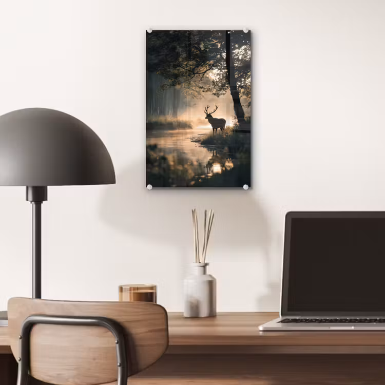 Glas schilderij - Hert - Bosbeek - Mystiek — 7