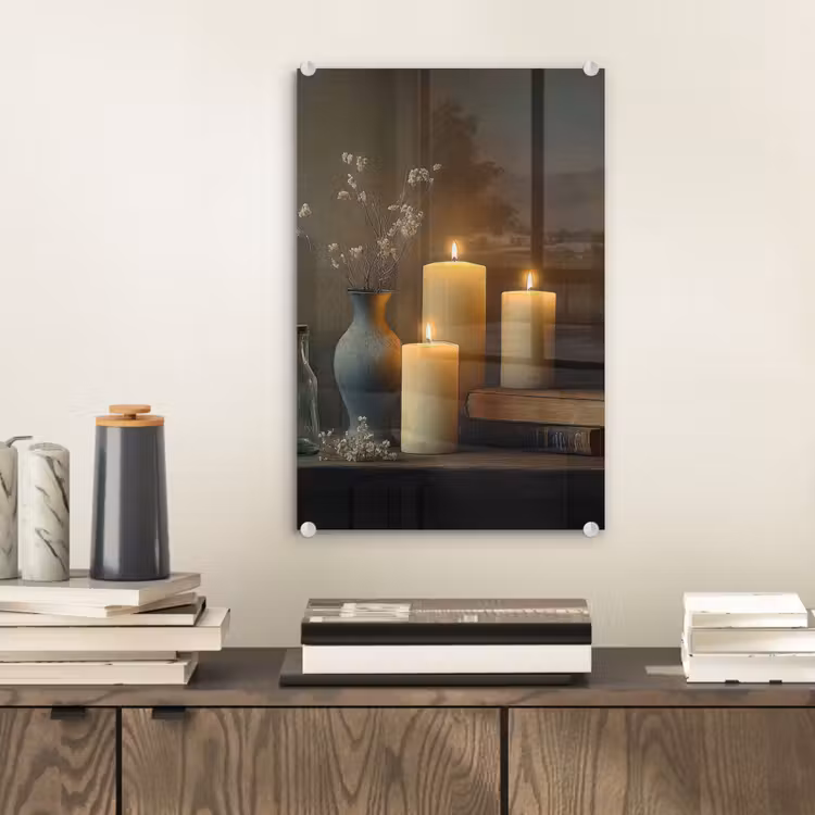Glas schilderij - Kaarsen - Stilleven - Rustiek - Boeken — 2