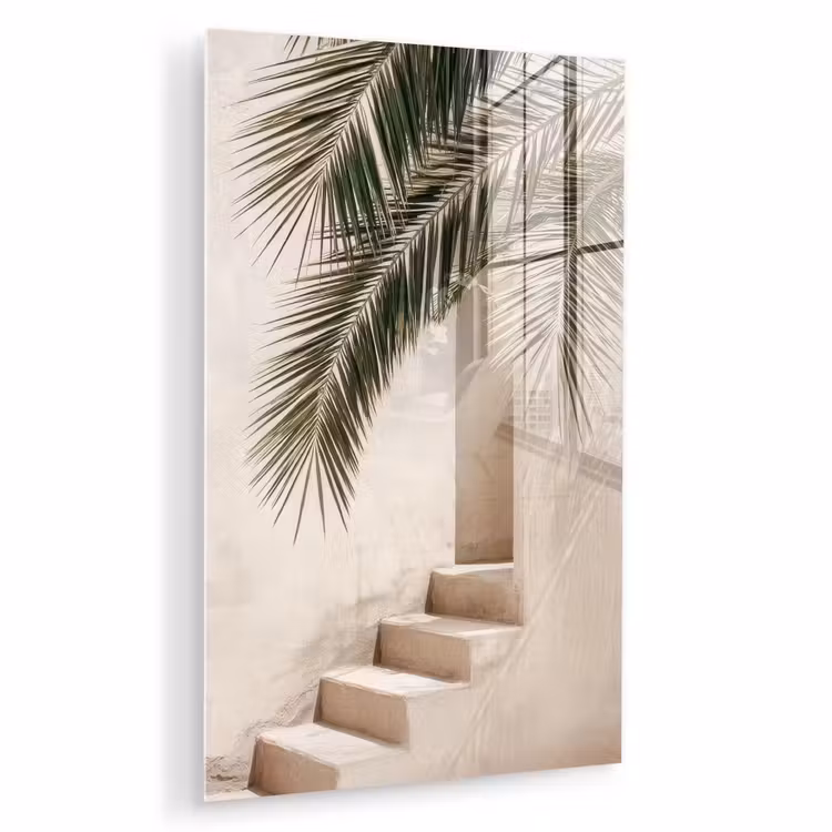 Glas schilderij - Palmboom - Schaduw - Trap - Beige — 1