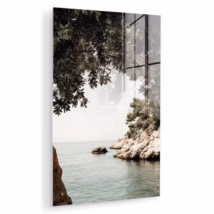 Glas schilderij - Rotsen - Zee - Boom - Groen — 1