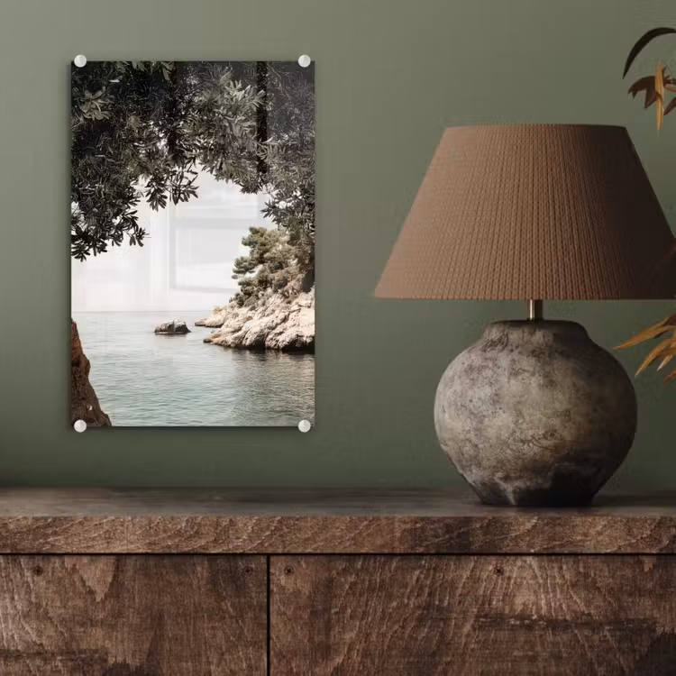 Glas schilderij - Rotsen - Zee - Boom - Groen — 4