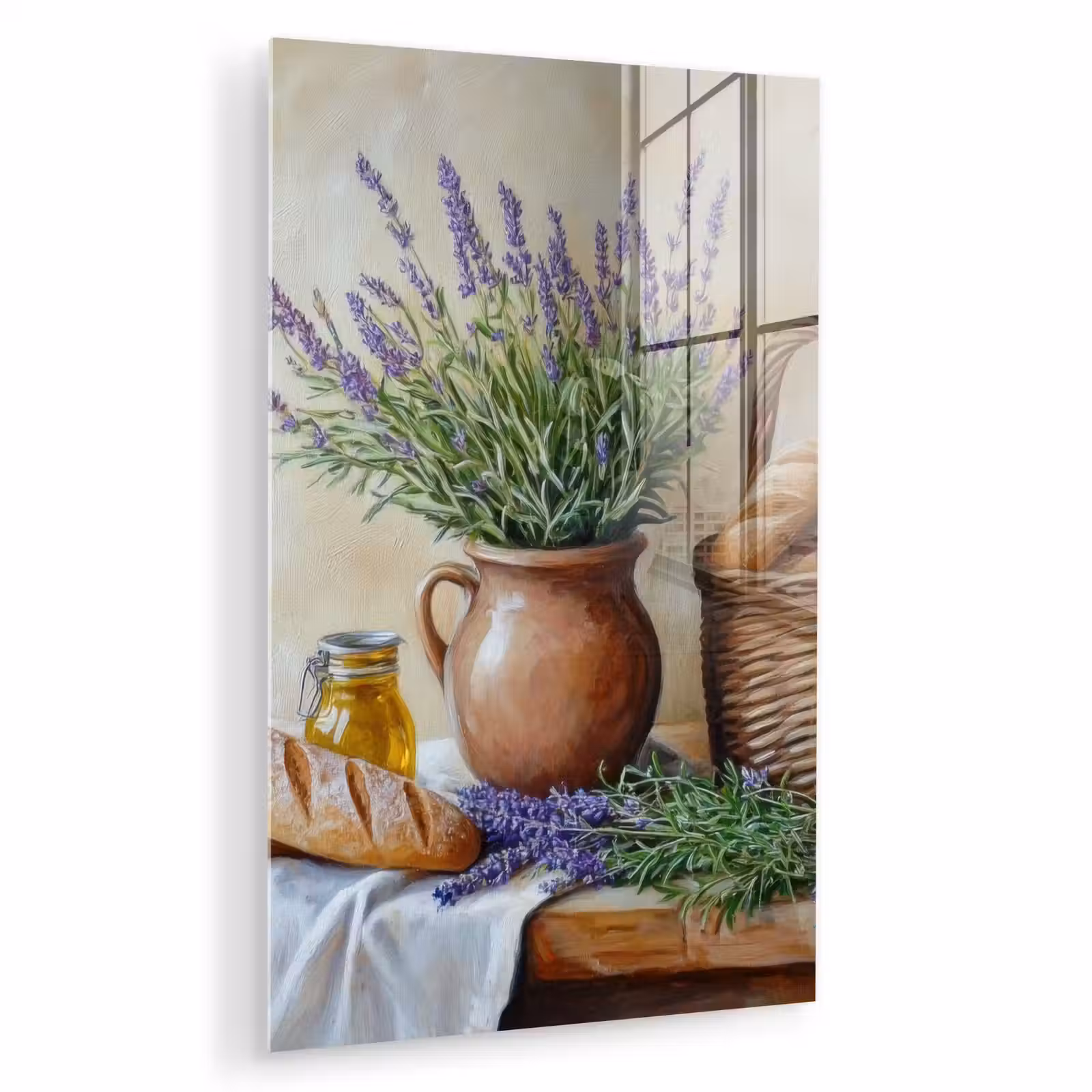 Glas schilderij - Lavendel - Brood - Stilleven — 1