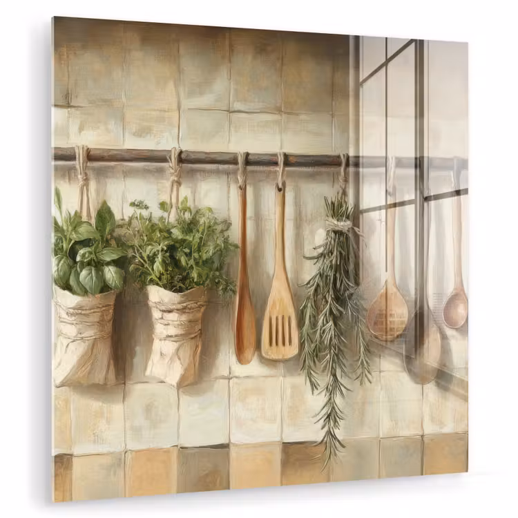 Glas schilderij - Hout - Keukengerei - Stilleven - Tegels — 1