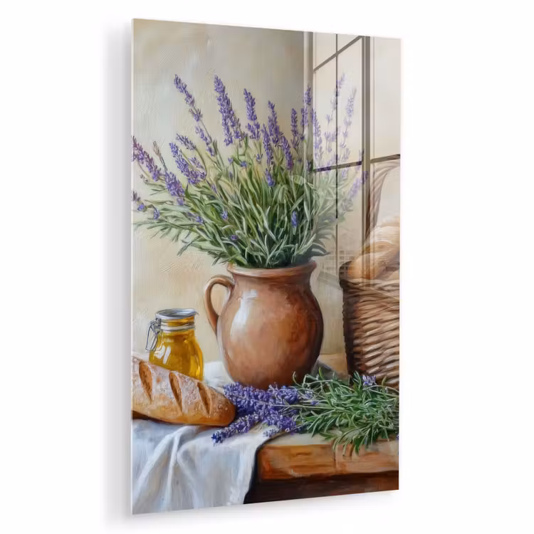Glas schilderij - Lavendel - Brood - Stilleven — 1