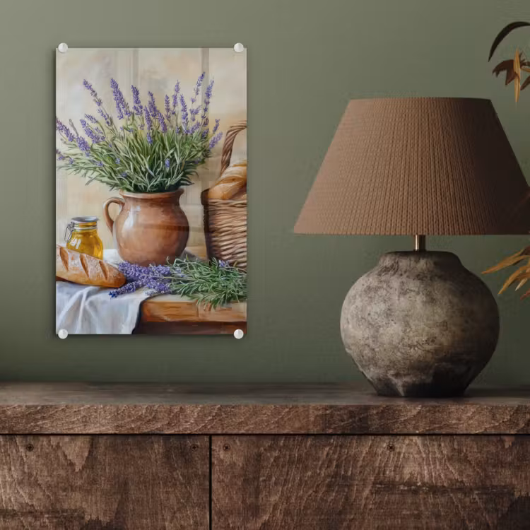 Glas schilderij - Lavendel - Brood - Stilleven — 4