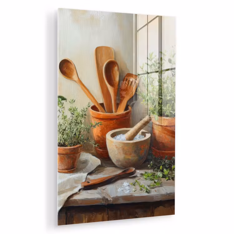 Glas schilderij - Potten - Kruiden - Hout — 1