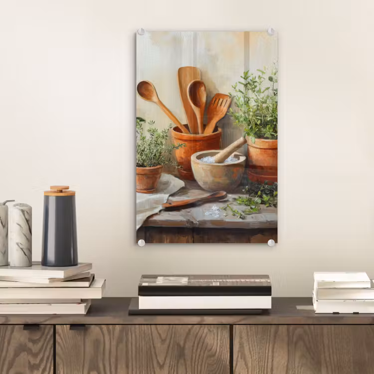 Glas schilderij - Potten - Kruiden - Hout — 2