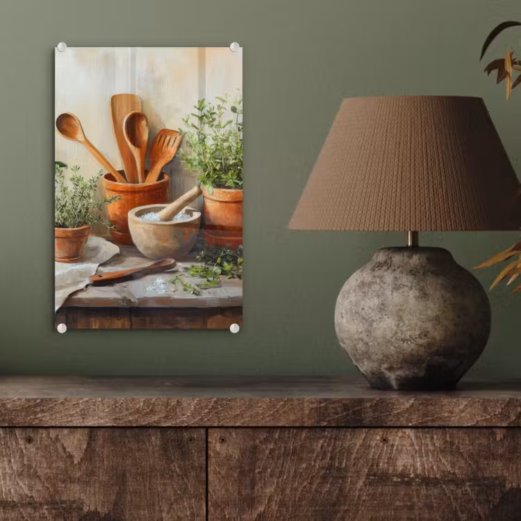 Glas schilderij - Potten - Kruiden - Hout — 4