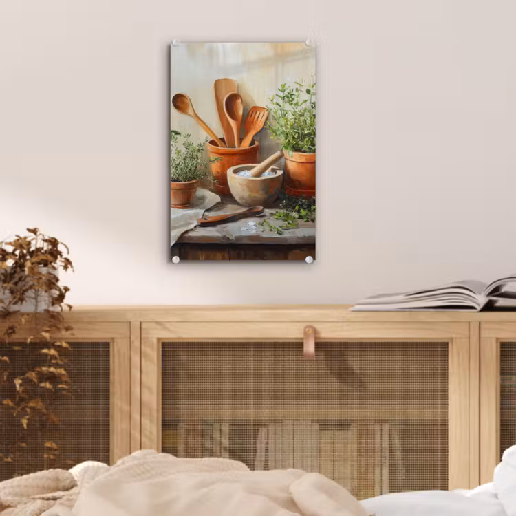 Glas schilderij - Potten - Kruiden - Hout — 5