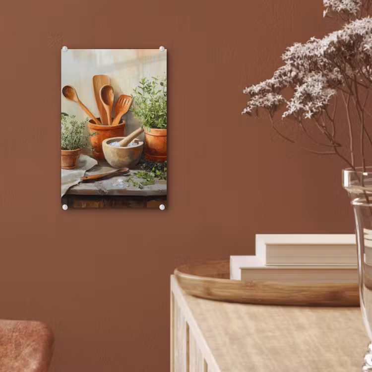 Glas schilderij - Potten - Kruiden - Hout — 6