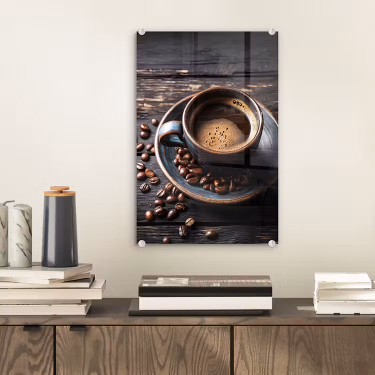 Glas schilderij - Kop - Koffie - Hout - Bonen — 2