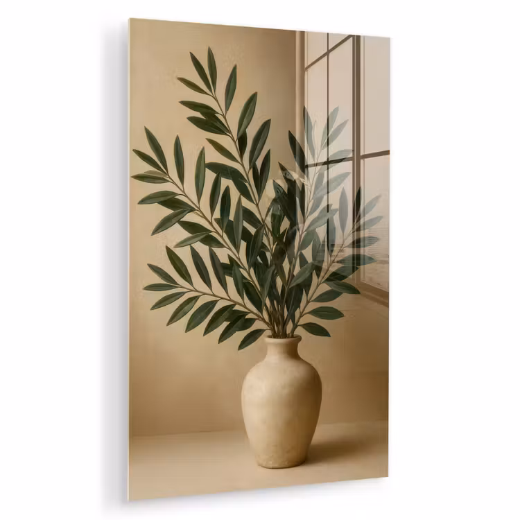 Glas schilderij - Vaas - Olijftakken - Bladeren - Beige — 1