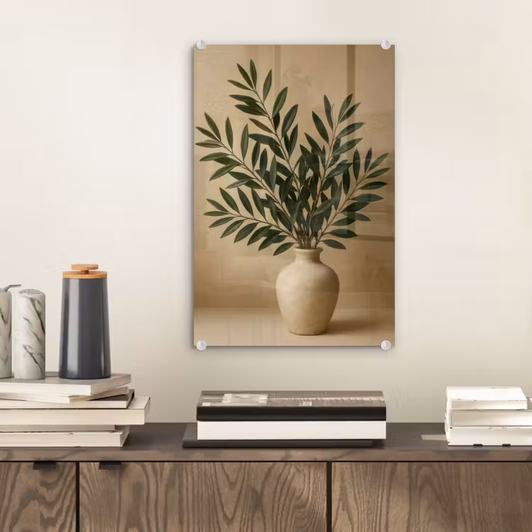 Glas schilderij - Vaas - Olijftakken - Bladeren - Beige — 2