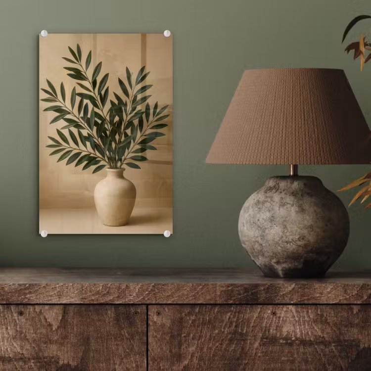 Glas schilderij - Vaas - Olijftakken - Bladeren - Beige — 4