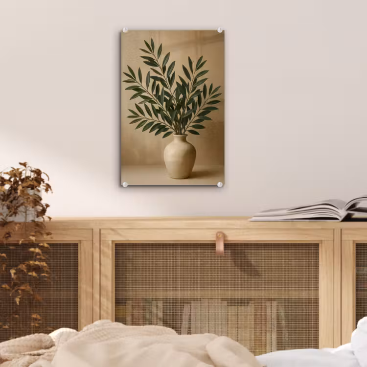 Glas schilderij - Vaas - Olijftakken - Bladeren - Beige — 5