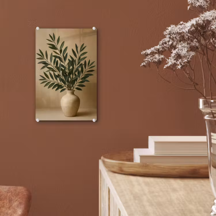 Glas schilderij - Vaas - Olijftakken - Bladeren - Beige — 6