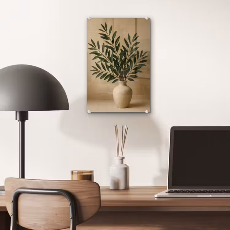 Glas schilderij - Vaas - Olijftakken - Bladeren - Beige — 7