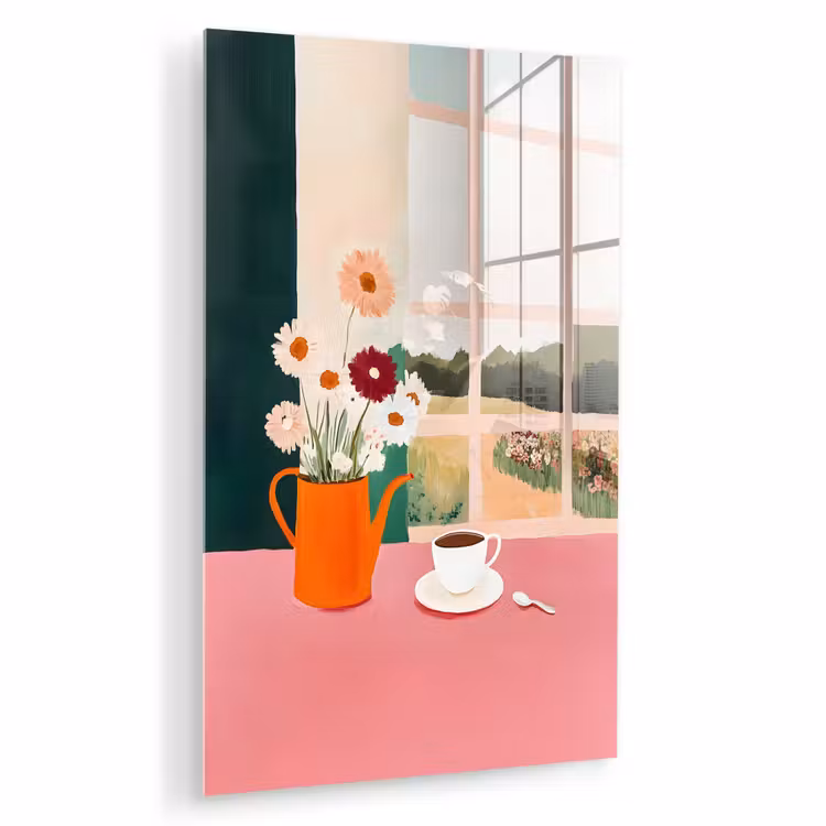 Glas schilderij - Bloemen - Koffie - Raam — 1