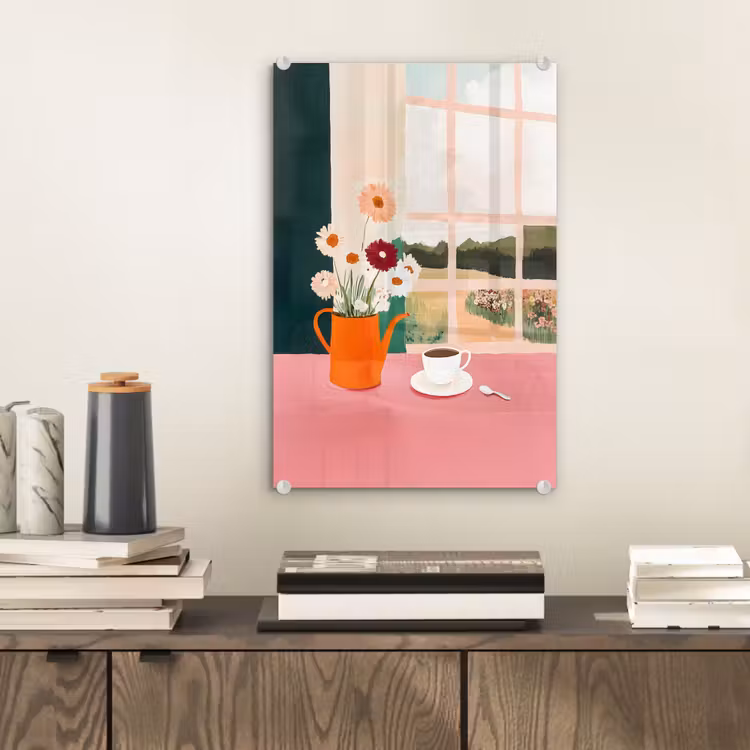 Glas schilderij - Bloemen - Koffie - Raam — 2