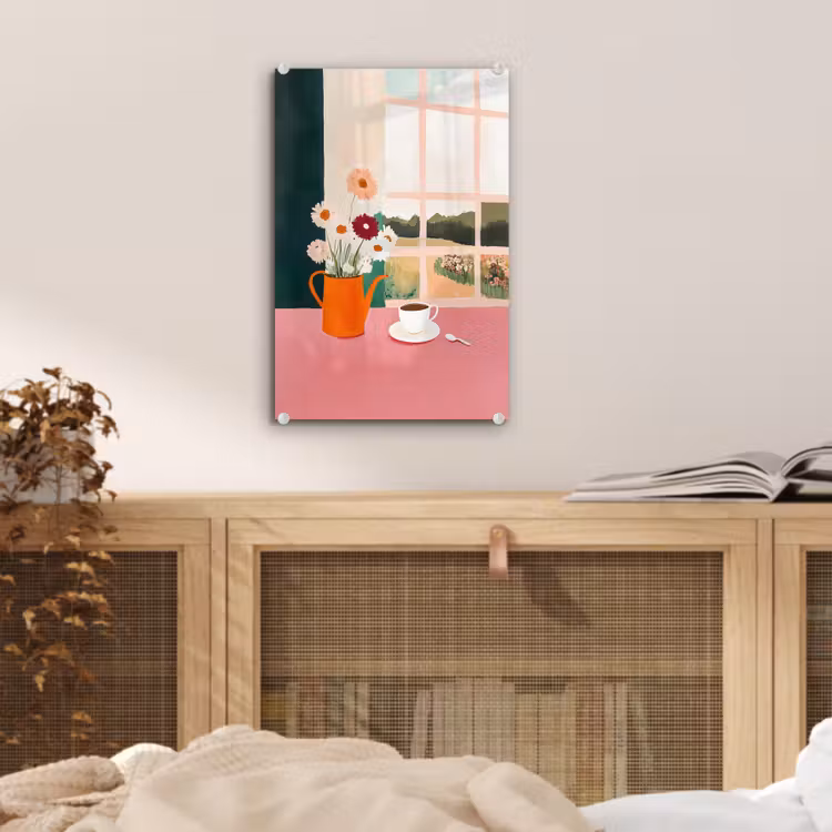 Glas schilderij - Bloemen - Koffie - Raam — 5