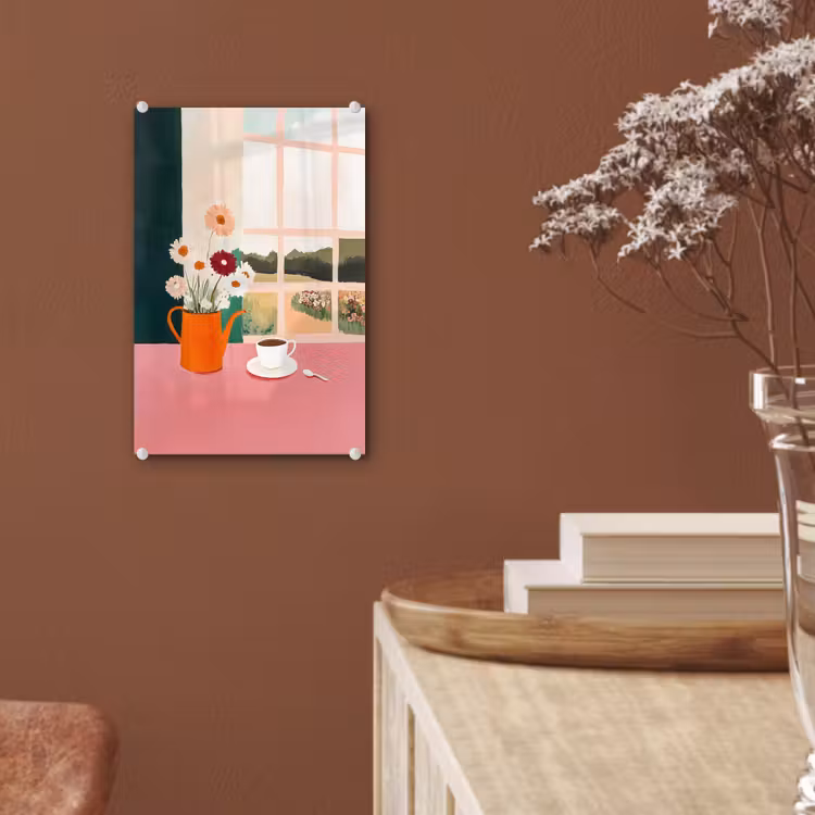 Glas schilderij - Bloemen - Koffie - Raam — 6