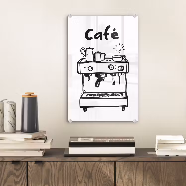 Glas schilderij - Illustratie - Café - Koffiemachine - Kopjes — 2