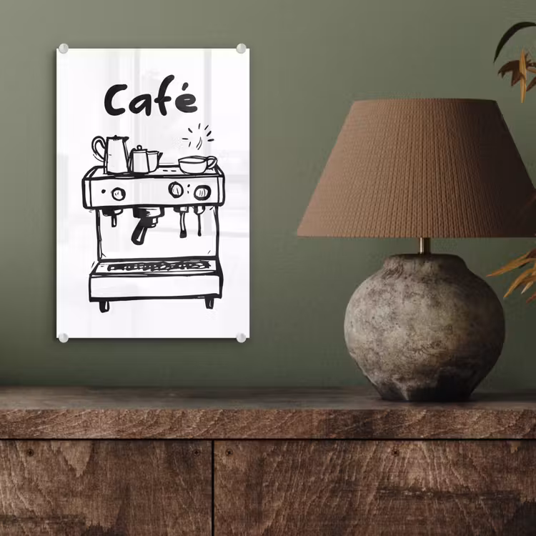Glas schilderij - Illustratie - Café - Koffiemachine - Kopjes — 4